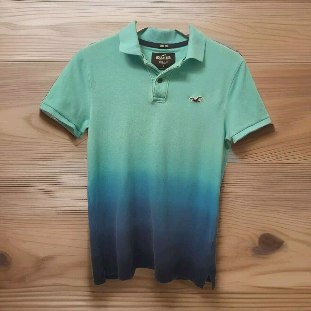 HOLLISTER MENS POLO OMBRE TEAL & BLUE TEE SHORT SLEEVE LOGO PREPPY SZ S